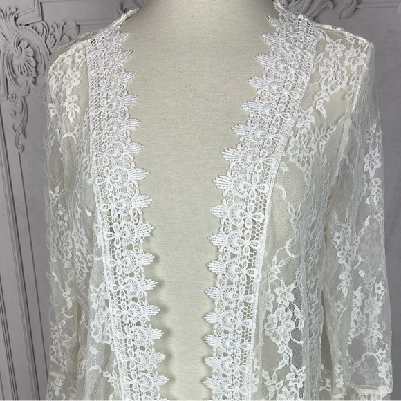 White Lace Kimono Duster Cardigan Coverup - Picture 3 of 9